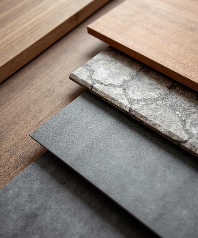 Muestrario de materiales de alta calidad, incluyendo madera, piedra y metales.