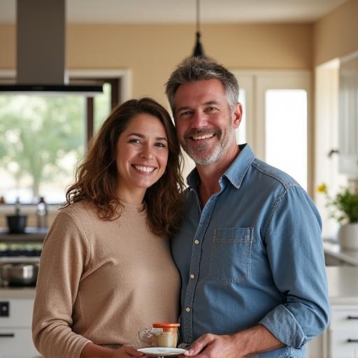 Una pareja sonriendo en su nueva cocina terminada.