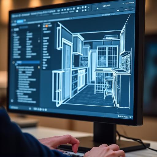 Diseñador trabajando en un plano 3D de una cocina en el ordenador.
