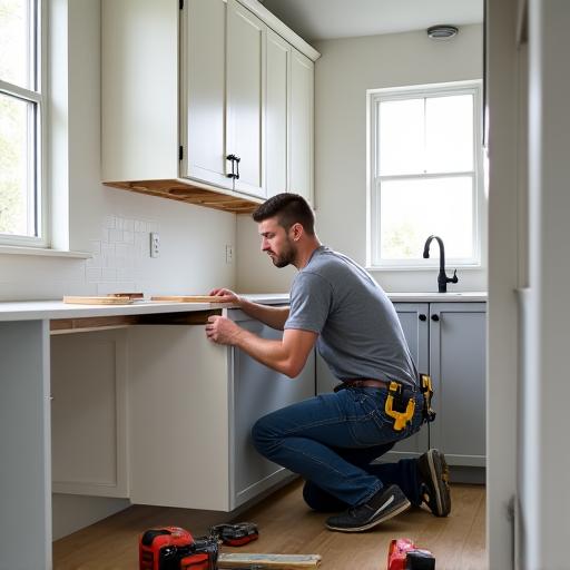Instalador montando un mueble de cocina en el domicilio de un cliente.