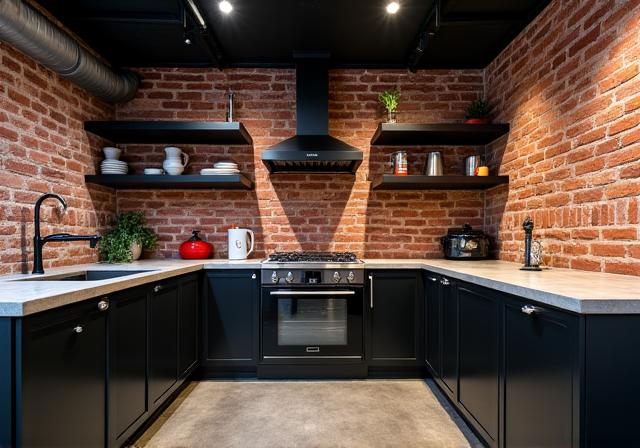 Cocina de estilo industrial con ladrillo visto y muebles oscuros.
