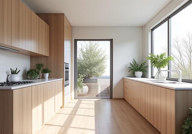 Cocina de estilo nórdico con madera clara y encimeras blancas.