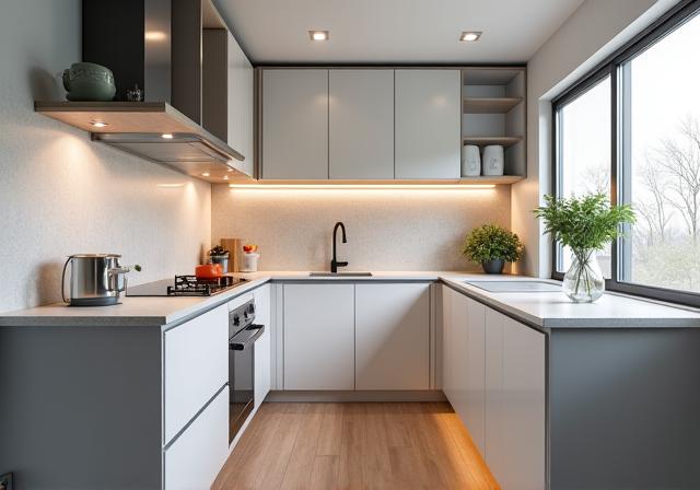 Cocina pequeña pero funcional, con soluciones de almacenamiento inteligentes.