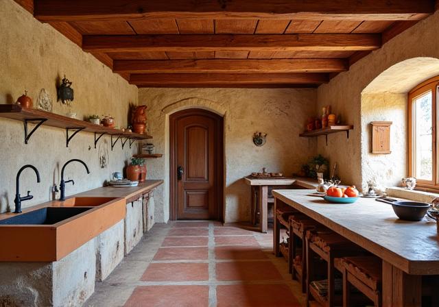 Cocina rústica con vigas de madera, fregadero de cerámica y suelo de terracota.