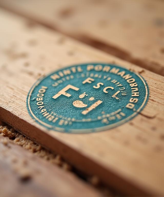 Primer plano de un sello de certificación FSC en una tabla de madera.